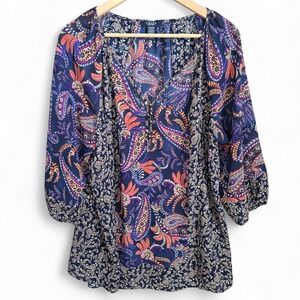 Chaps Top Womens Plus 1X Blue Paisley Print Sheer Peasant Blouse 3/4 Sleeve